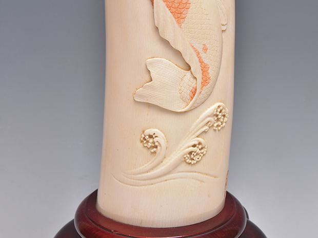 小針孤舟 錦鯉 象牙風 象牙調 花器 彫刻 マンモス 特大 骨董品 レア