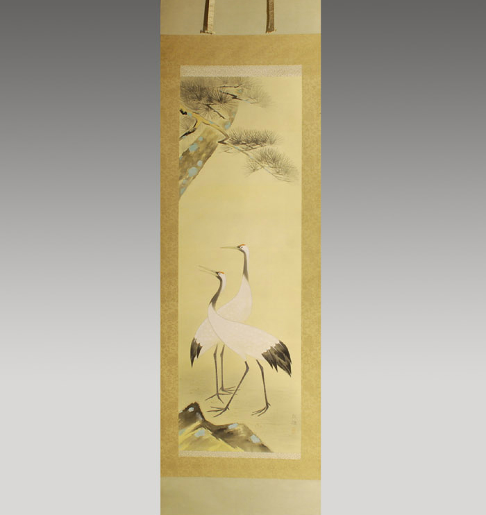 掛軸　三石紅樹(画)　老松双鶴図　絹本彩色　共箱　院展　美品